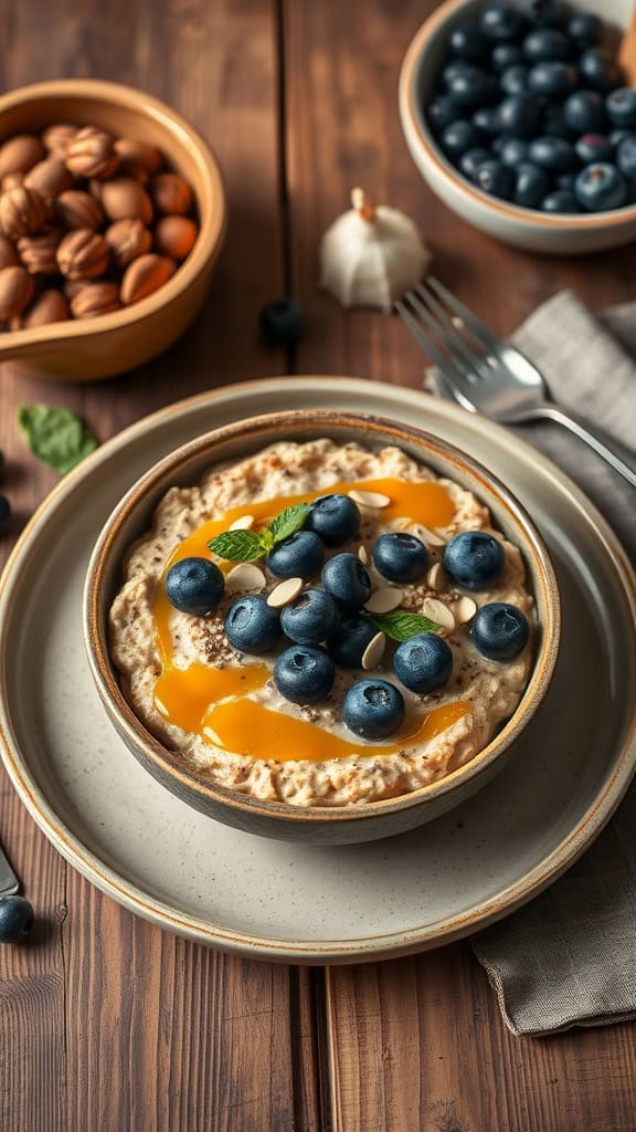 A bowl of almond butter overnight oats topped with blueberries and nuts