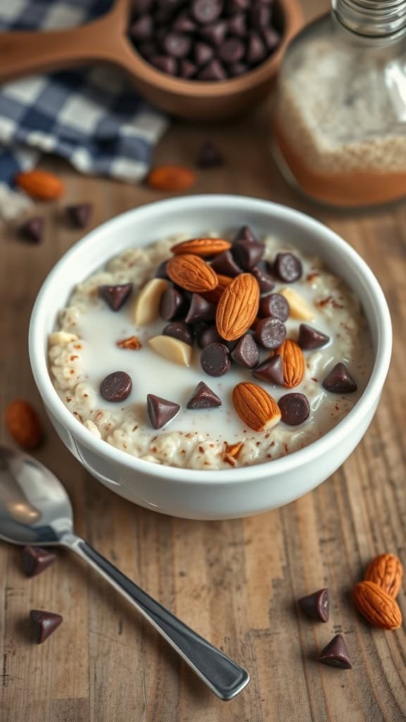 A bowl of almond joy overnight oats topped with chocolate chips and almonds