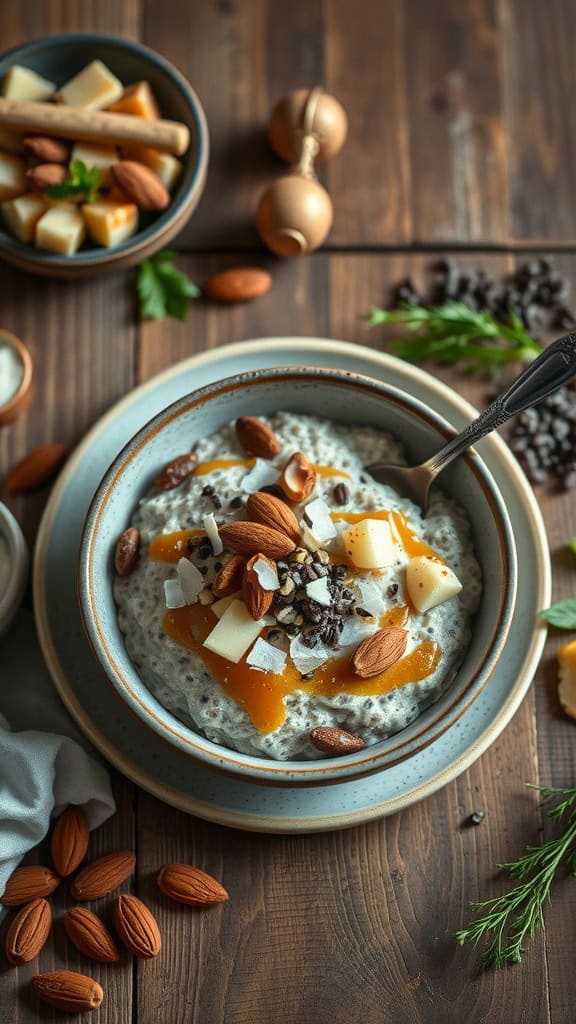 A bowl of almond joy overnight oats with chia seeds, topped with almonds and coconut.
