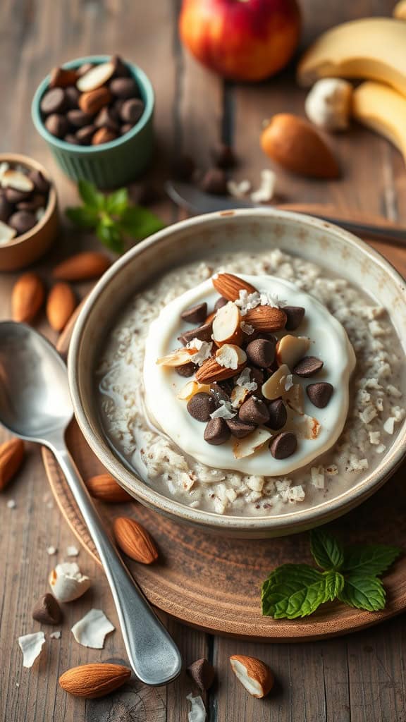 A bowl of Almond Joy Overnight Oats topped with yogurt, almonds, and chocolate chips.