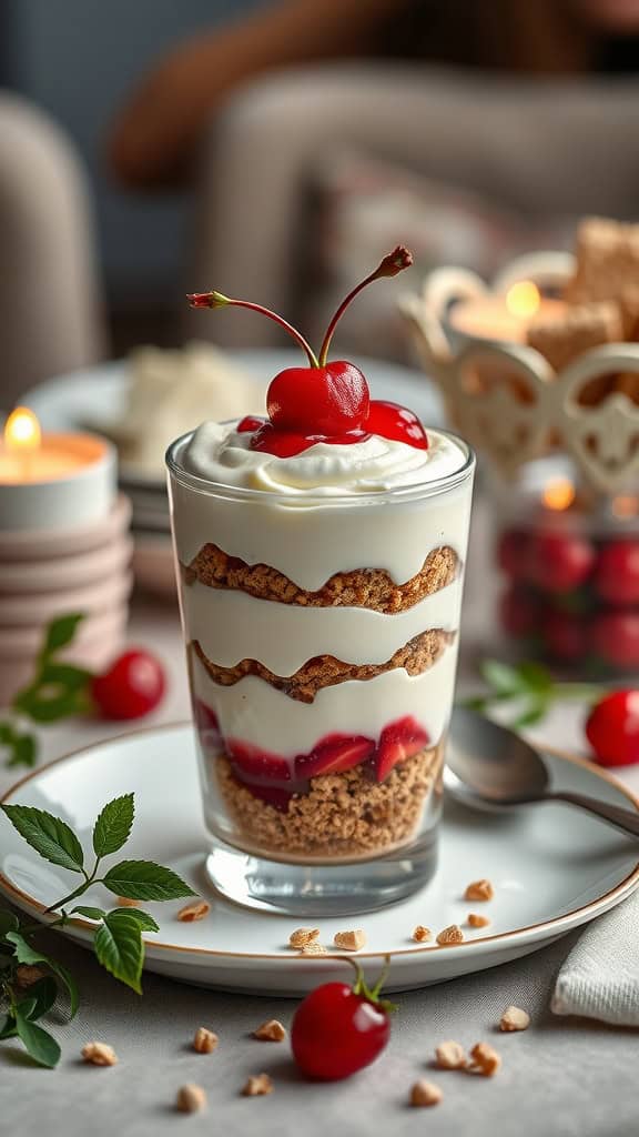 A beautifully layered parfait featuring cream cheese filling, graham crackers, and cherry topping.