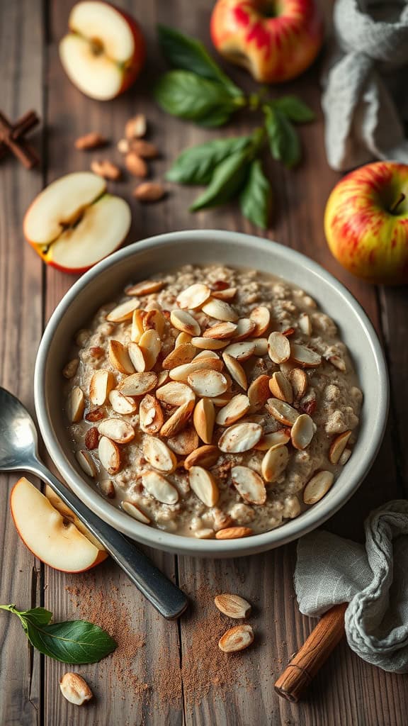 Bowl of apple cinnamon almond overnight oats topped with slivered almonds and fresh apple slices.