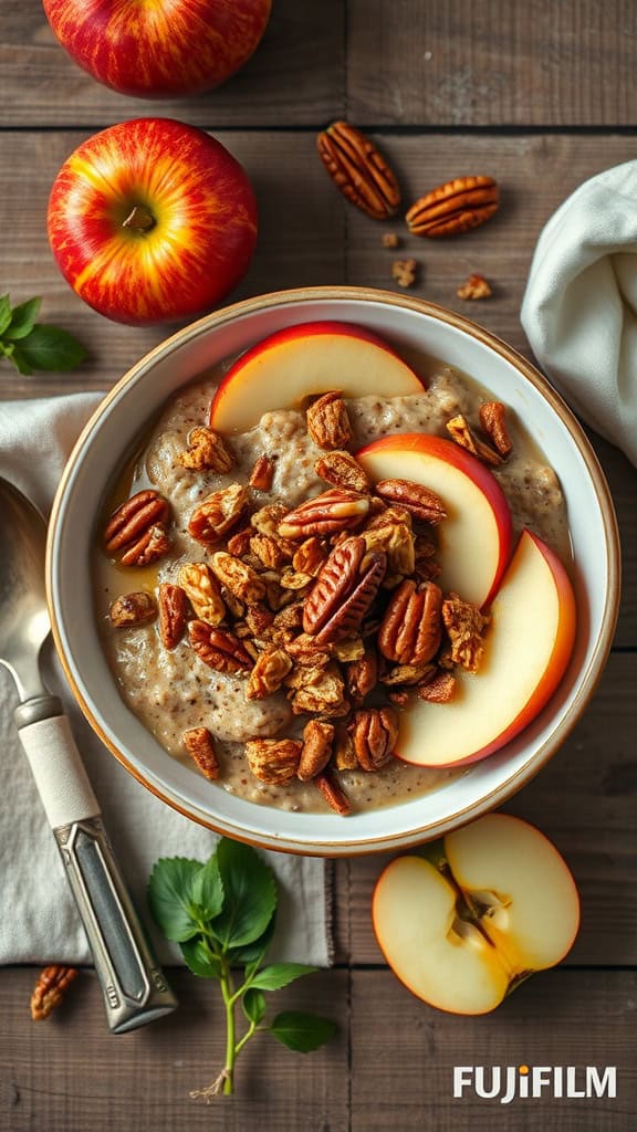 Bowl of apple cinnamon overnight oats topped with granola and pecans