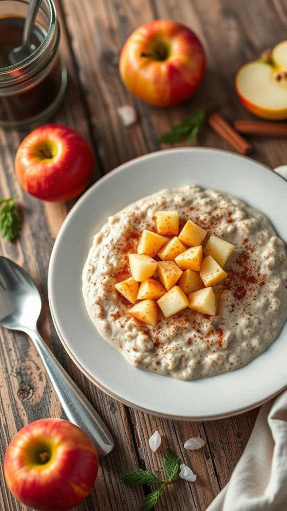A bowl of apple cinnamon overnight oats with diced apples on top, surrounded by fresh apples and cinnamon