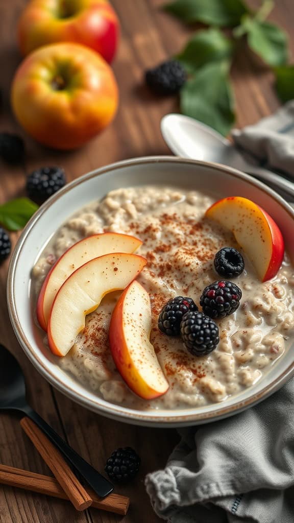 A bowl of apple cinnamon overnight oats topped with apple slices and blackberries