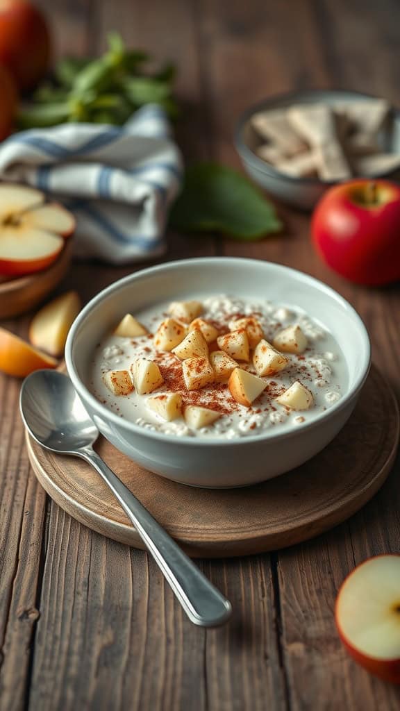 A bowl of Apple Cinnamon Overnight Oats with diced apples and a sprinkle of cinnamon on top.