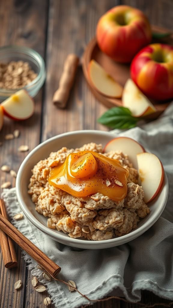 A bowl of apple cinnamon overnight oats topped with apple slices and a drizzle of sauce.