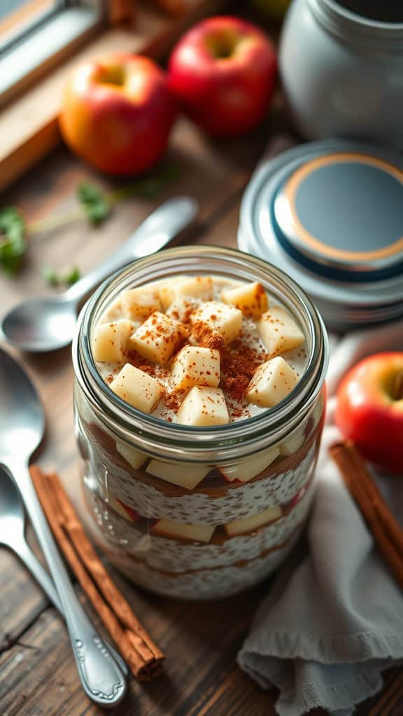 A jar of apple cinnamon overnight oats with diced apples and cinnamon on top.