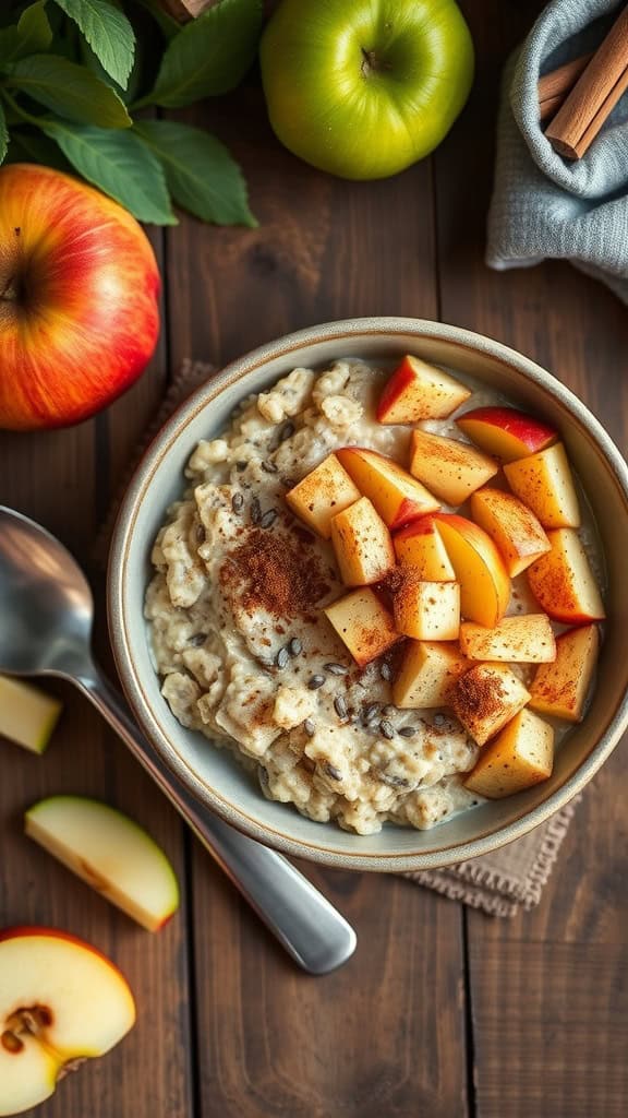 A bowl of apple cinnamon overnight oats topped with diced apples and cinnamon.