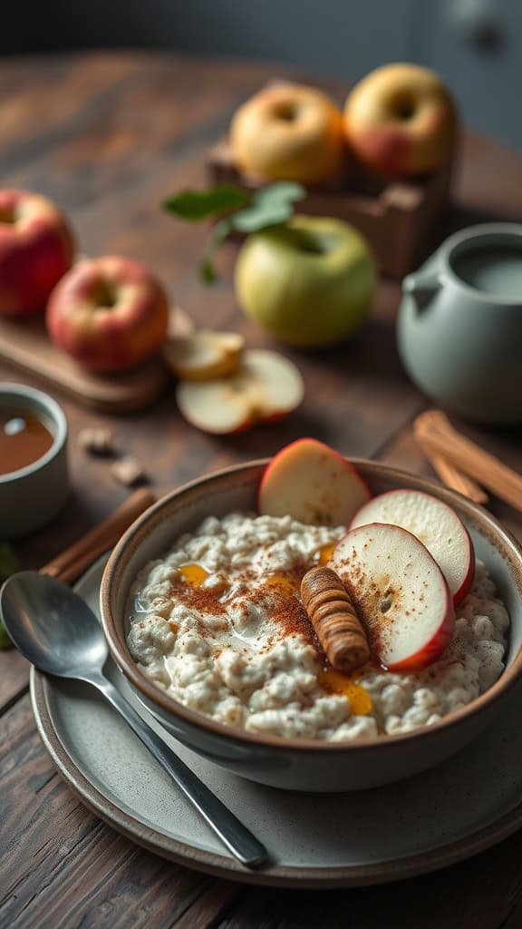 A bowl of apple cinnamon overnight oats topped with apple slices, cinnamon, and honey.