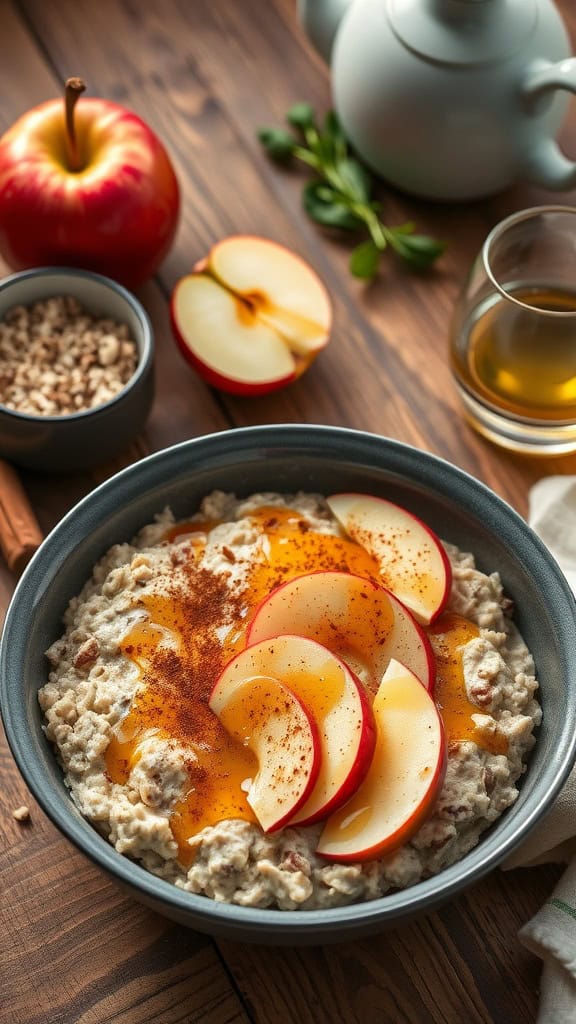 A bowl of apple cinnamon overnight oats topped with maple syrup and apple slices.