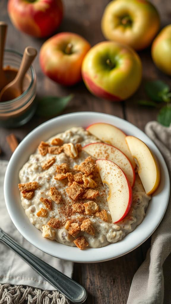 A bowl of Apple Cinnamon Pie Overnight Oats topped with apple slices and graham cracker crumbs.