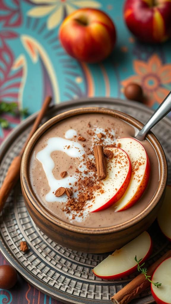 A delicious apple cinnamon smoothie bowl with sliced apples, cinnamon, and yogurt toppings.