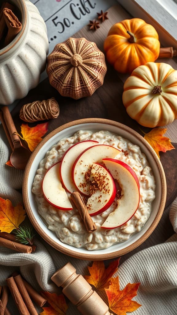 Delicious bowl of apple cinnamon overnight oats decorated with apple slices and spices