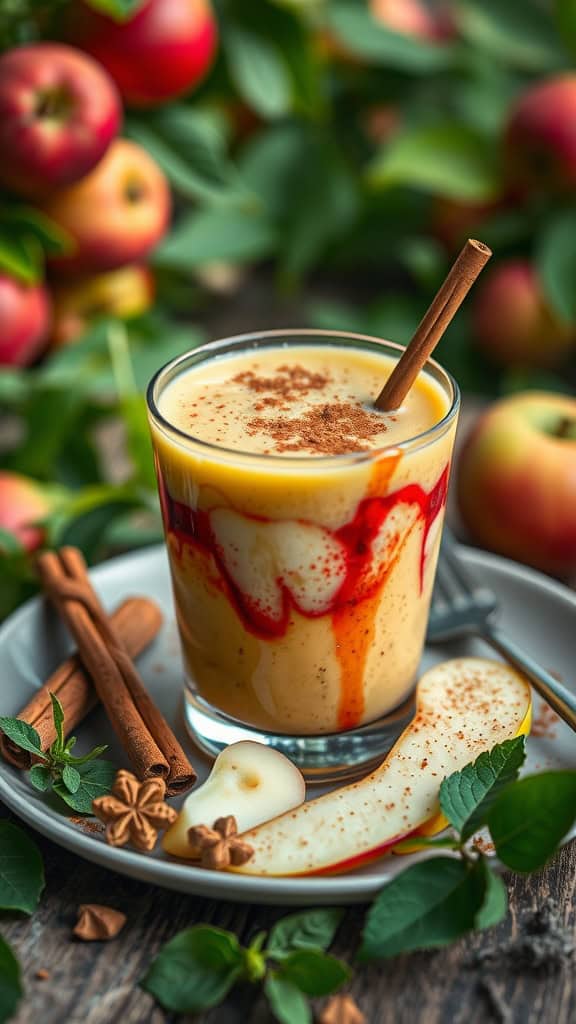 A delicious apple orchard smoothie with green and red apples, pear, and a sprinkle of cinnamon.