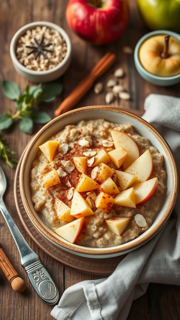 Delicious apple pie overnight oats with almond butter, diced apples, and a sprinkle of cinnamon.