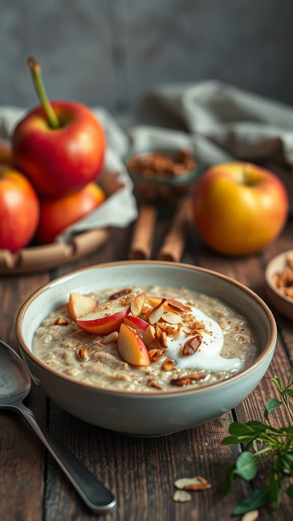 Bowl of apple pie overnight oats topped with apple slices, yogurt, and almonds