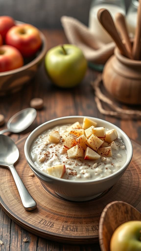 A bowl of creamy apple pie overnight oats topped with diced apples and sprinkled with nutmeg.
