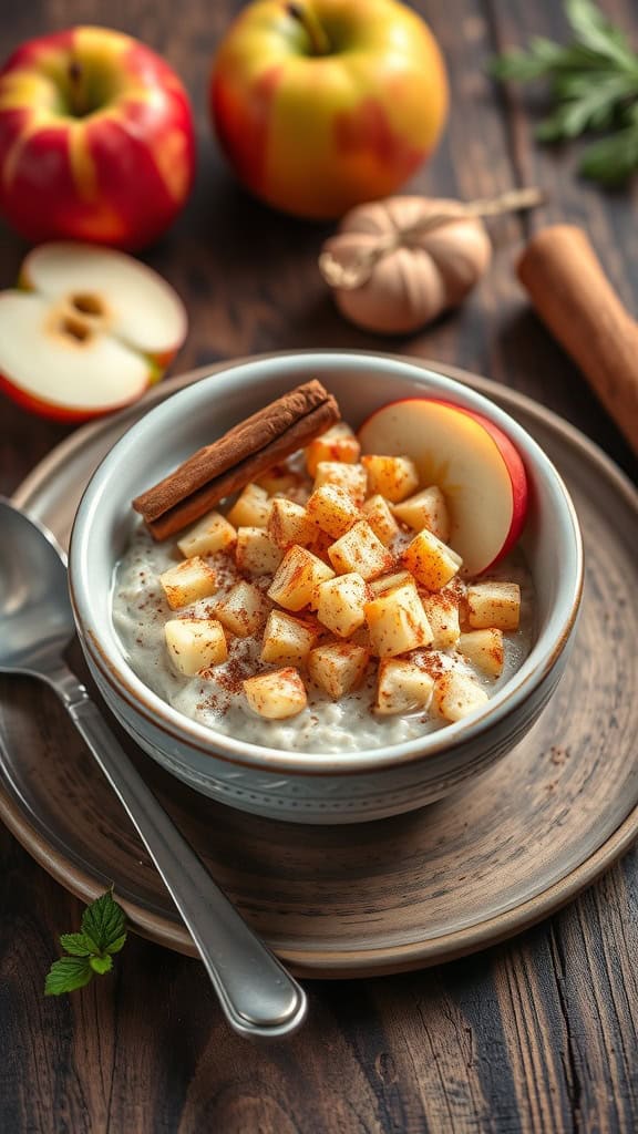 A delicious bowl of apple pie overnight oats with diced apples and cinnamon.