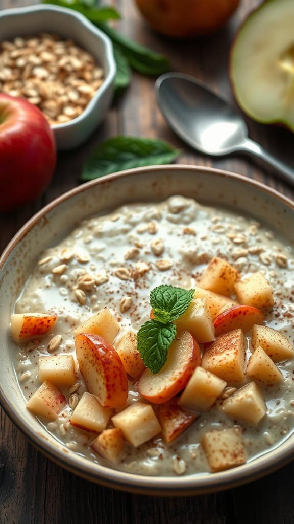 A bowl of creamy overnight oats topped with diced apples and mint leaves.
