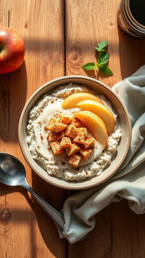A bowl of Apple Pie Overnight Oats topped with yogurt, diced apples, and a sprinkle of cinnamon.
