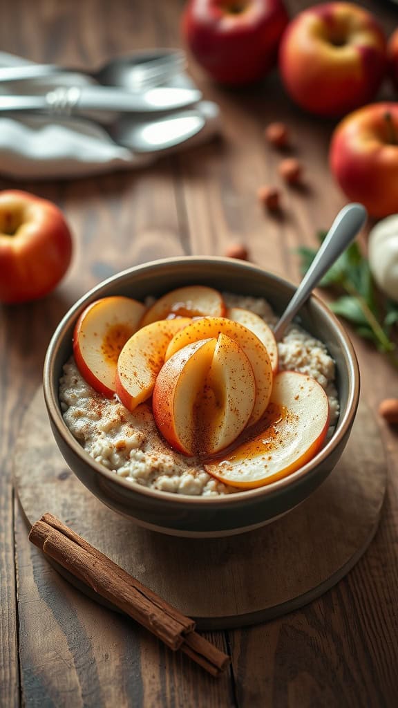 A bowl of apple pie overnight oats topped with apple slices and a sprinkle of cinnamon.