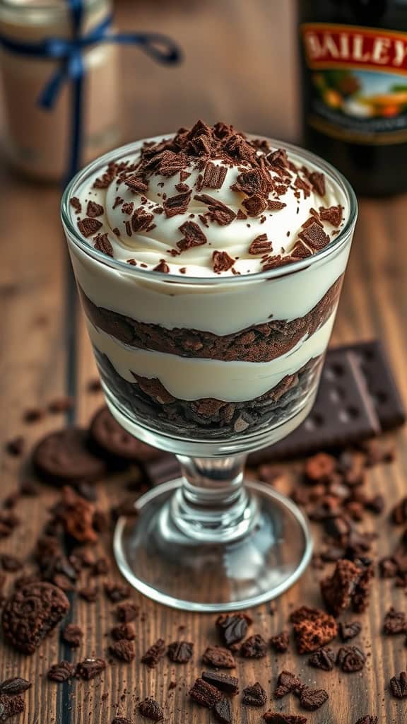 Delicious Baileys Cookies and Cream Parfait Bars with crushed cookies and chocolate shavings