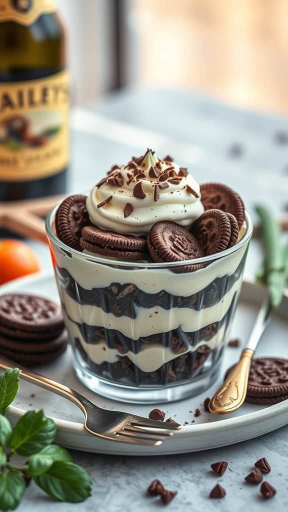 Delicious Baileys Cookies and Cream Parfait with chocolate cookies and whipped topping.