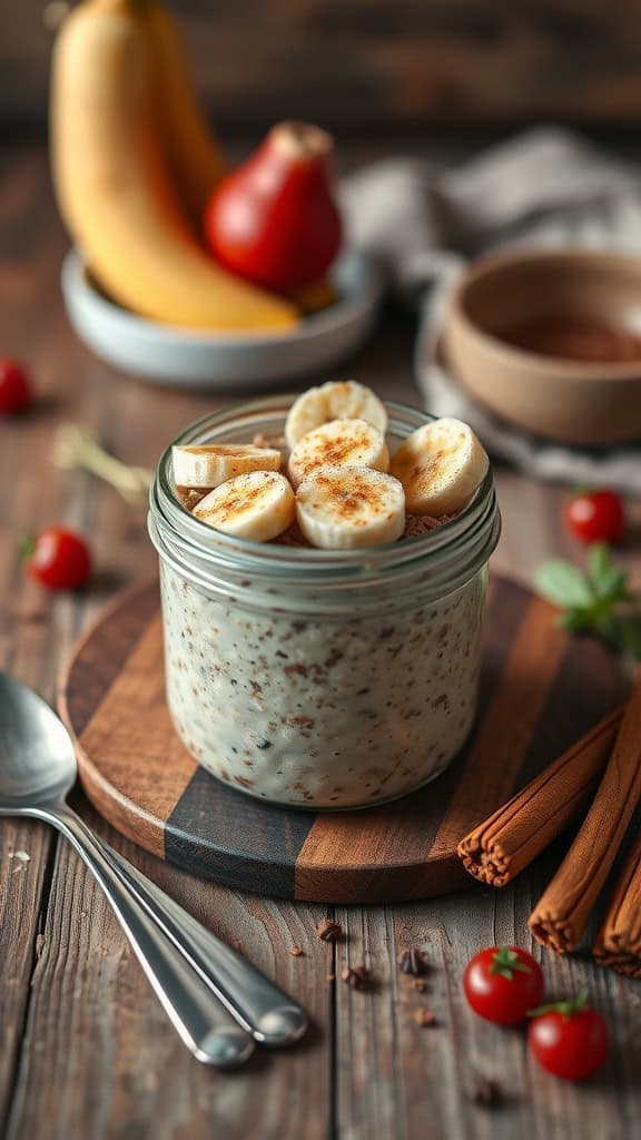 Creamy blended overnight oats with banana and cinnamon in a jar.