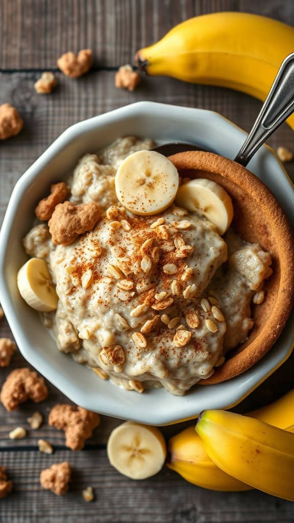 A bowl of Banana Bread Overnight Oats topped with banana slices and cookie dough.