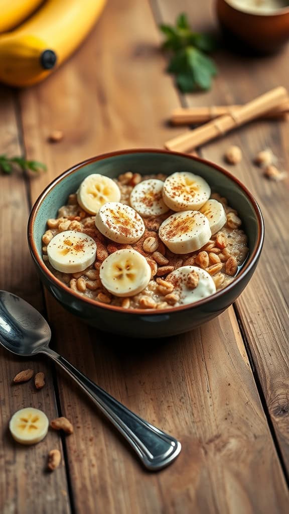 A bowl of banana bread overnight oats topped with banana slices and nuts.