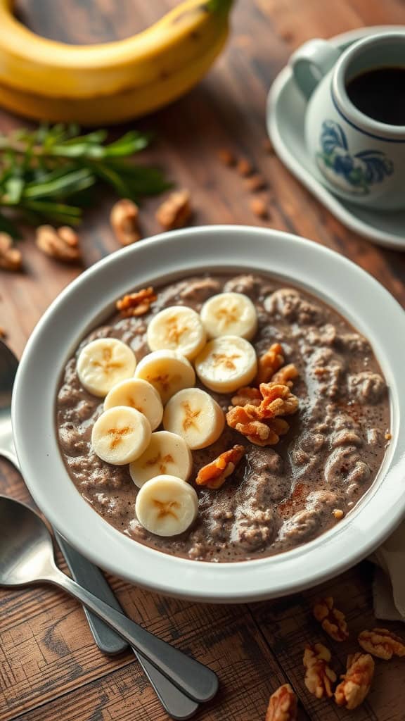 A bowl of chocolate overnight oats topped with banana slices and walnuts.