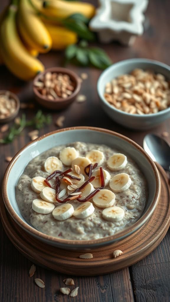 Bowl of banana overnight oats topped with almond slivers and banana slices.