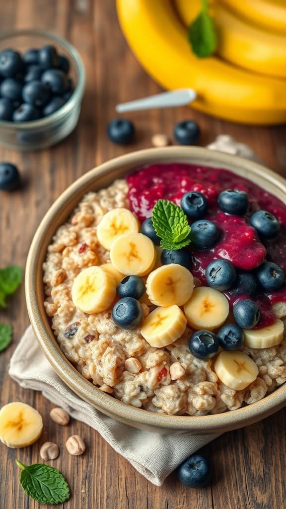 A bowl of banana overnight oats topped with blueberries and mint.