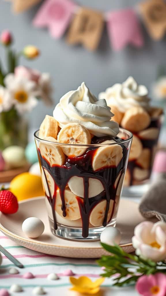 Banana split parfait with chocolate syrup and whipped cream