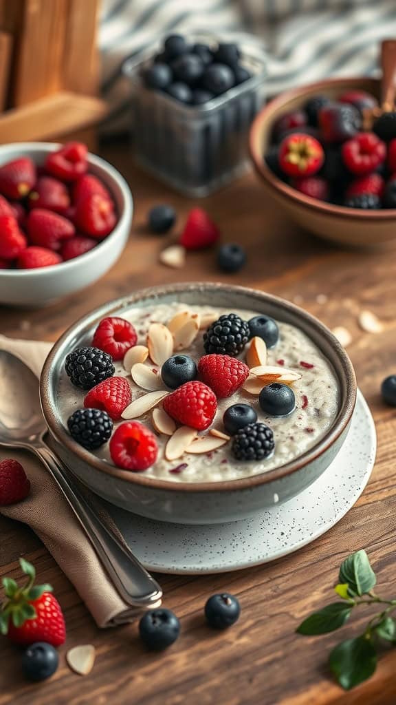 A bowl of berry almond overnight oats topped with mixed berries and almonds