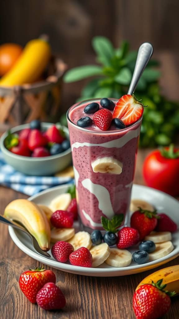 A refreshing Berry Banana smoothie with strawberries, blueberries, banana, and Greek yogurt.