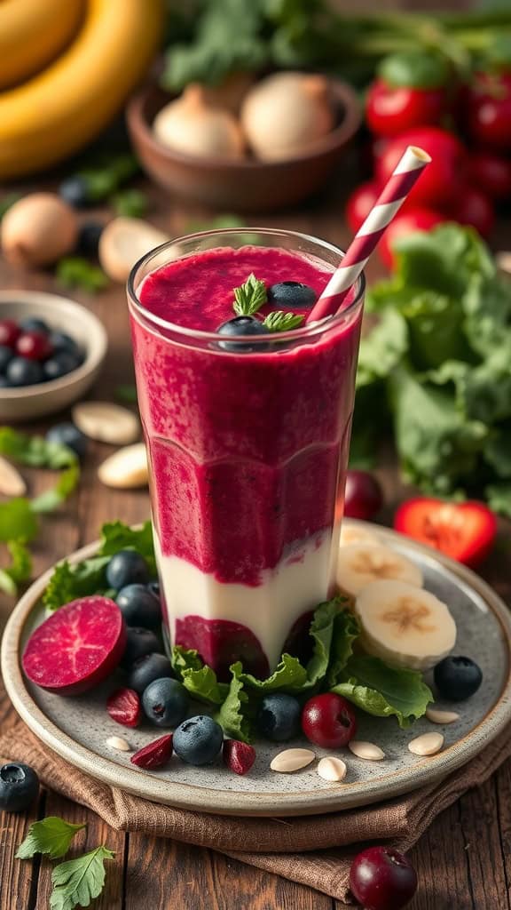 Berry Beet 5-color vegetable smoothie with beet, kale, blueberries, banana, and almond milk