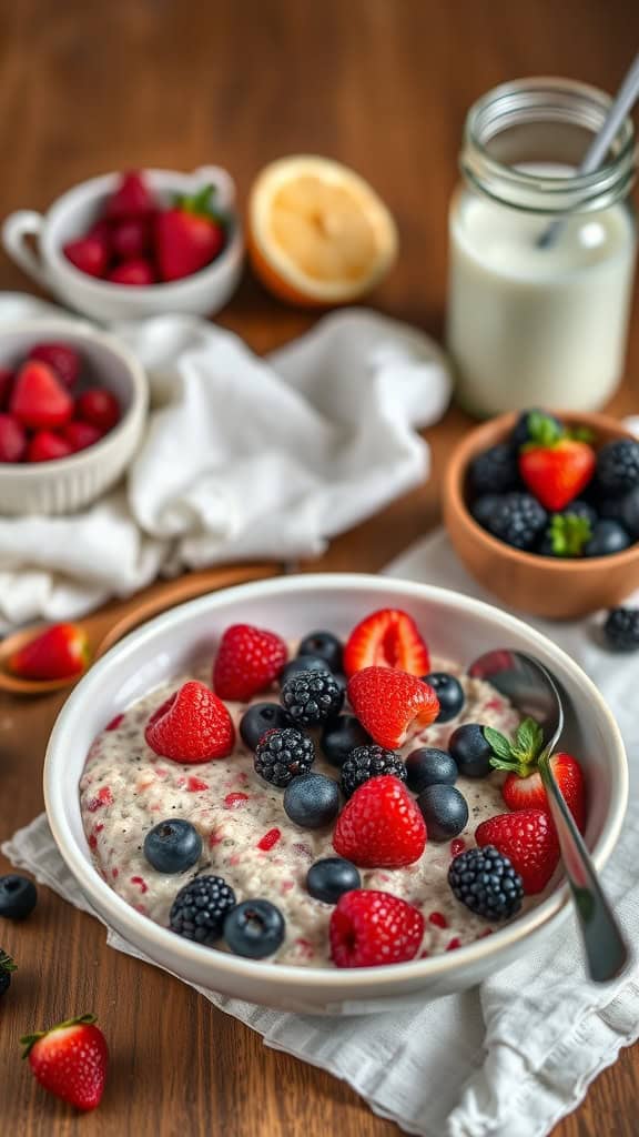 A bowl of berry blast overnight oats with mixed berries and almond milk