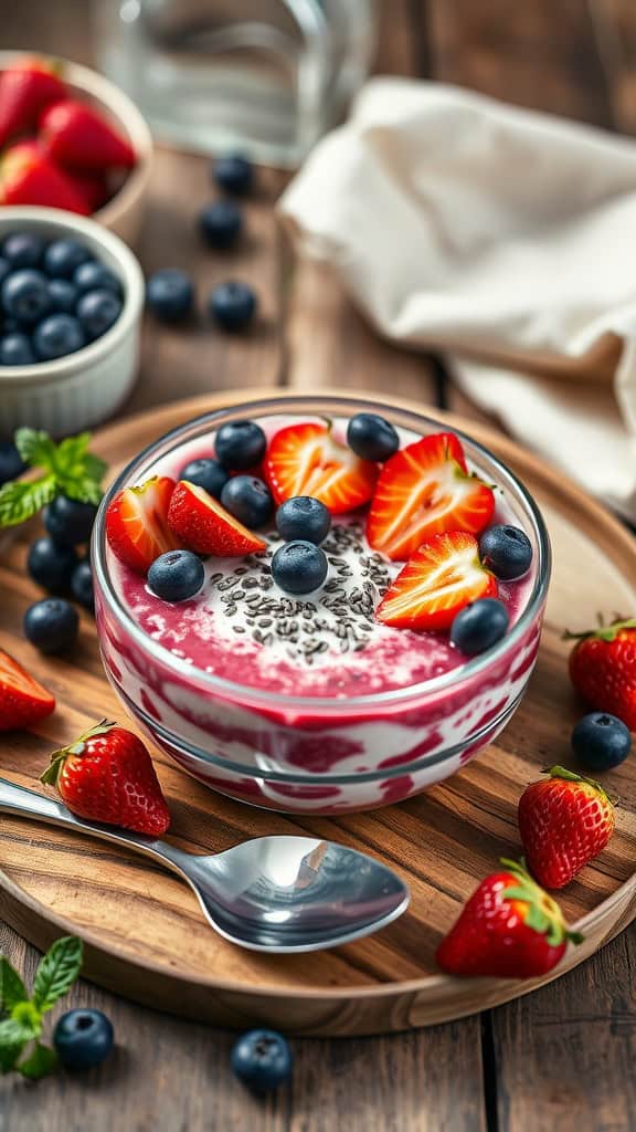 A bowl of Berry Blast Overnight Oats with strawberries, blueberries, and chia seeds garnished with fresh berries.