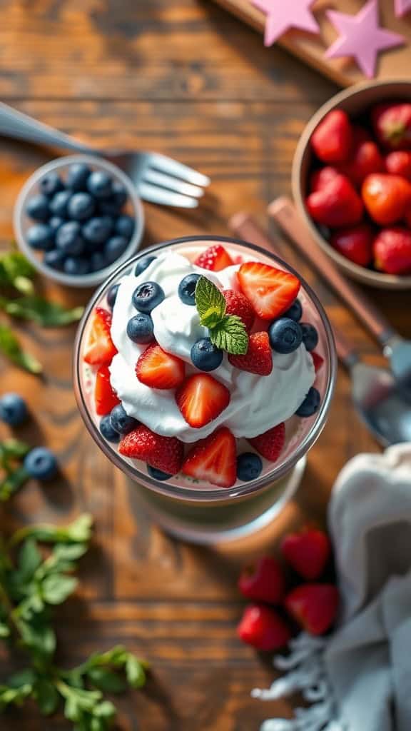 A colorful berry parfait with layers of strawberries and blueberries, topped with whipped cream and mint leaves, perfect for a baby gender reveal.
