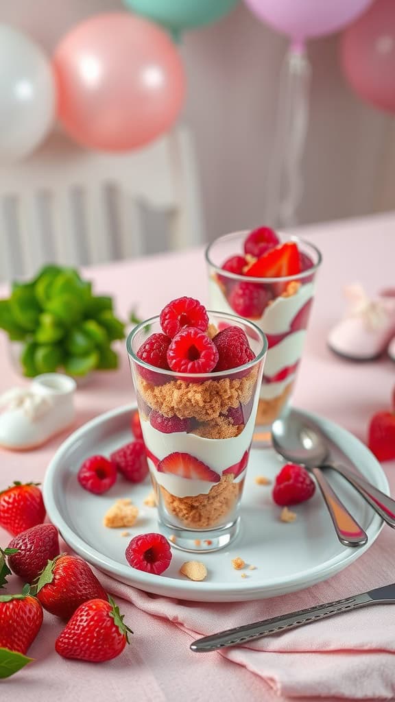 Berry Bliss Baby Shower Parfaits with layers of strawberry yogurt, raspberries, and graham cracker crumbs.