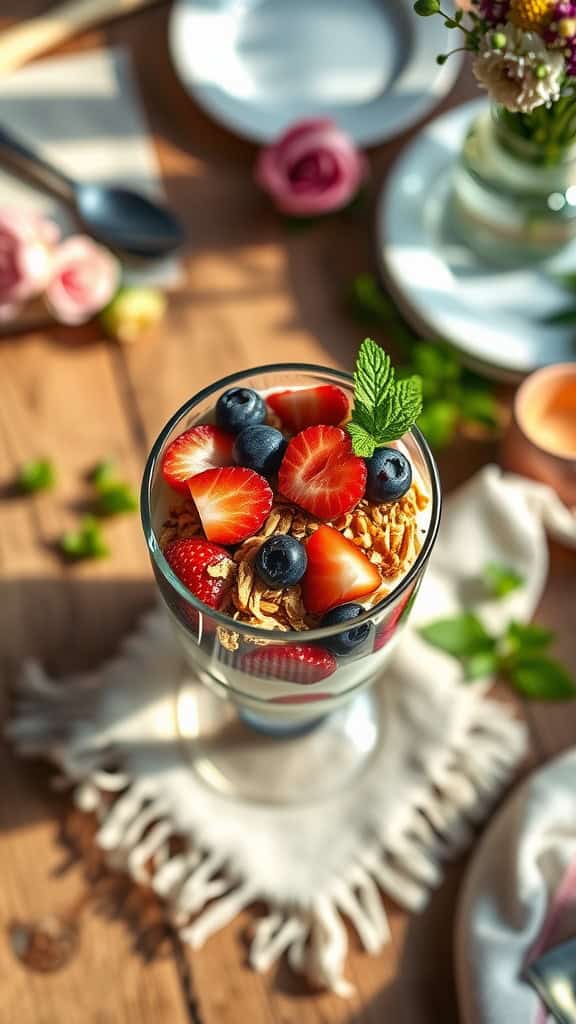 A delicious layered parfait with fresh berries, yogurt, and granola.