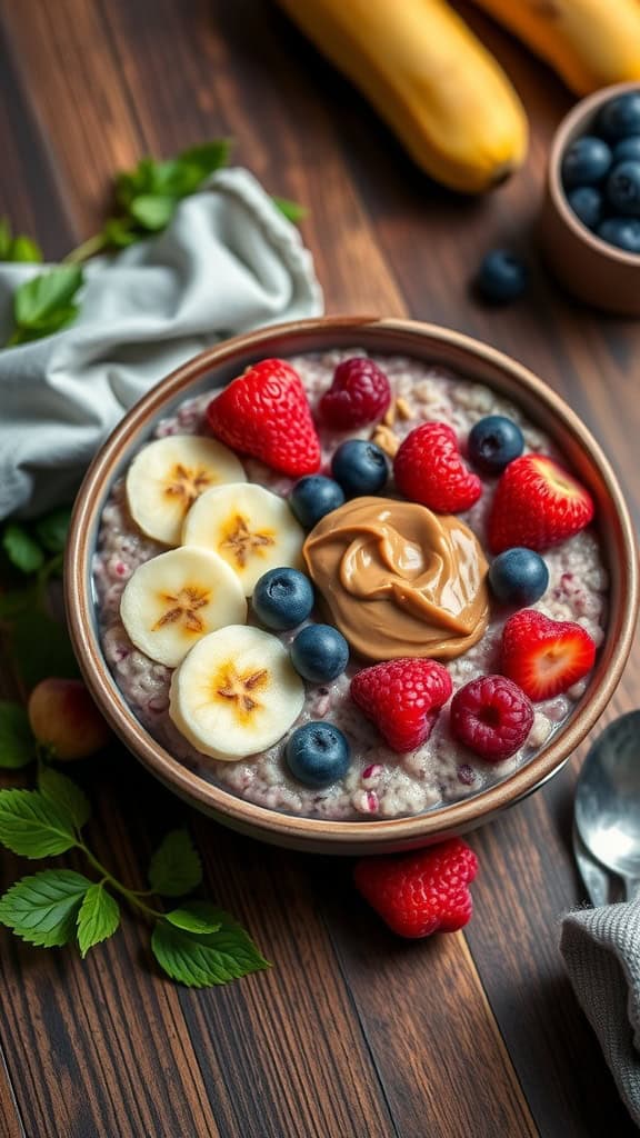 A bowl of Berry Bliss Overnight Oats topped with banana slices, mixed berries, and peanut butter.