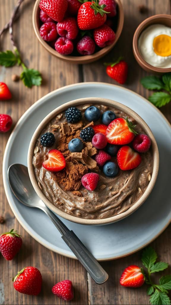 Bowl of chocolate overnight oats topped with mixed berries
