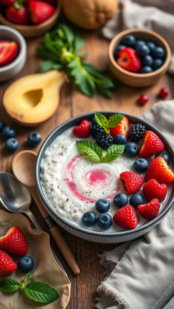 A delicious bowl of berry bliss overnight oats with coconut milk, topped with fresh mixed berries and mint.