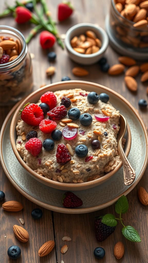A bowl of Berry Bliss Overnight Oats Cookie Dough topped with fresh berries and almonds.