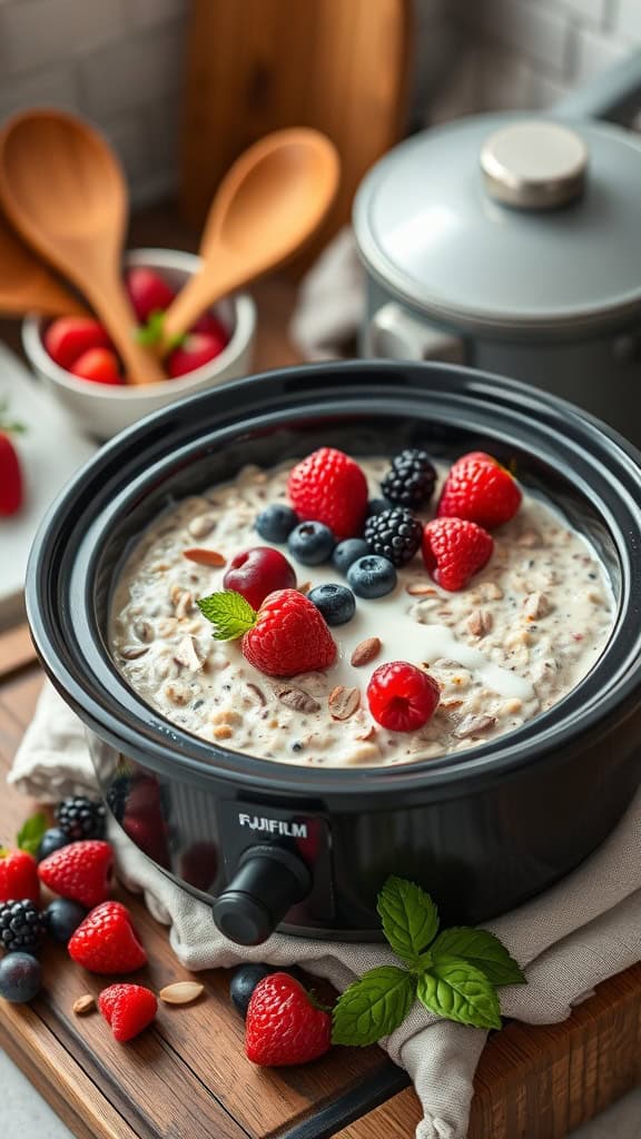 A bowl of Berry Bliss Overnight Oats made in a crockpot, topped with fresh mixed berries.