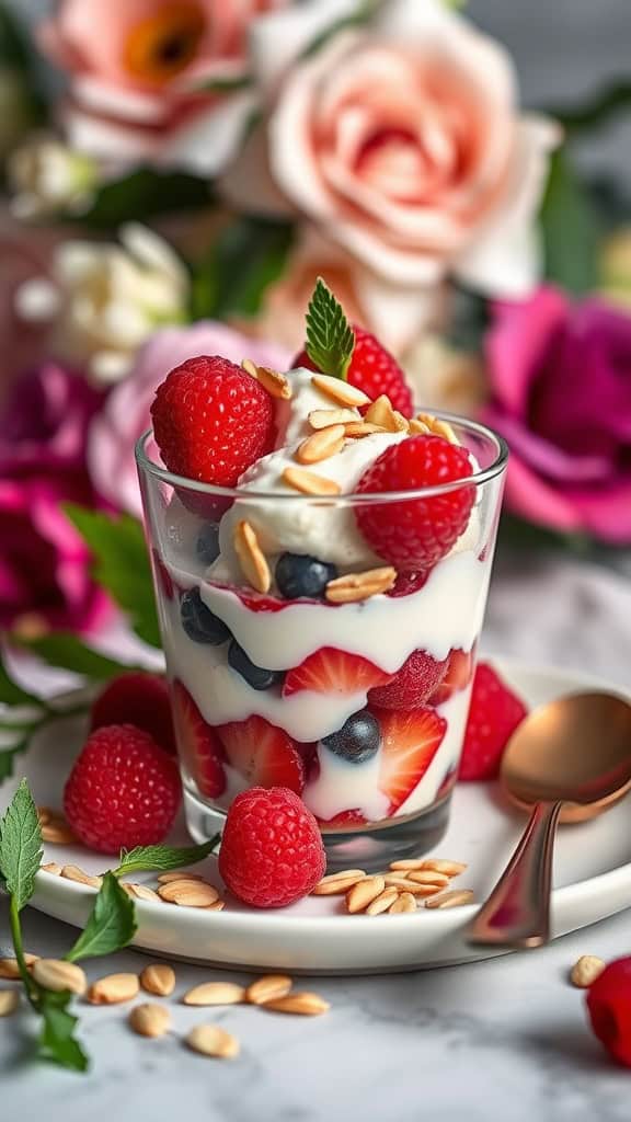 A delicious Berry Bliss Wedding Parfait with layers of strawberry yogurt, fresh raspberries, and almond slivers.
