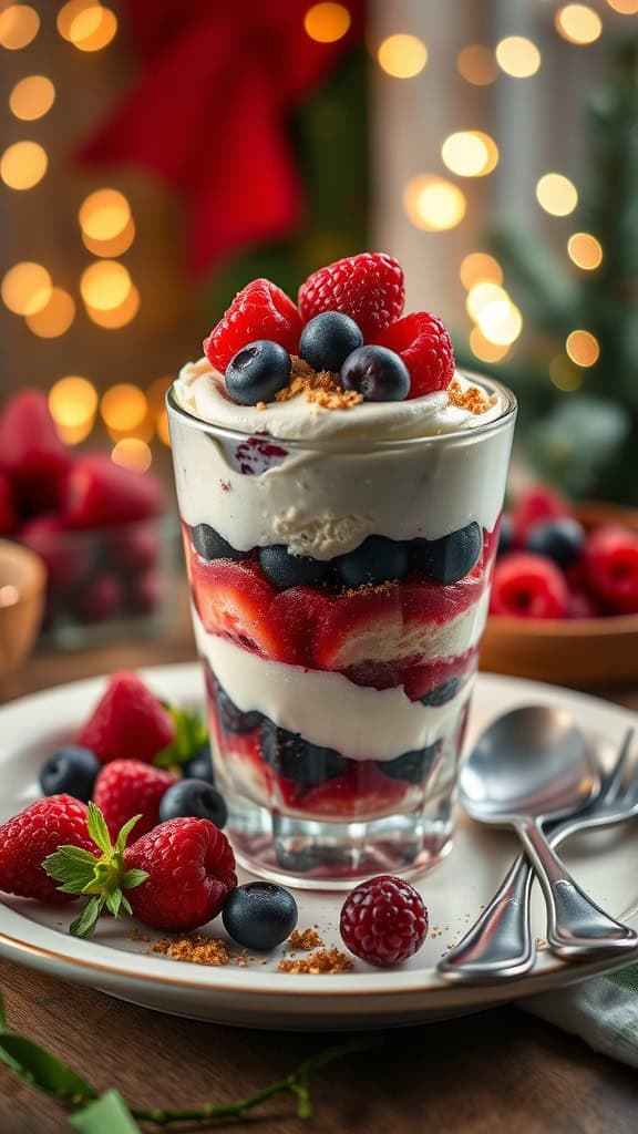 Delicious berry cheesecake parfaits layered with mixed berries, cream cheese filling, and graham cracker crumbs.